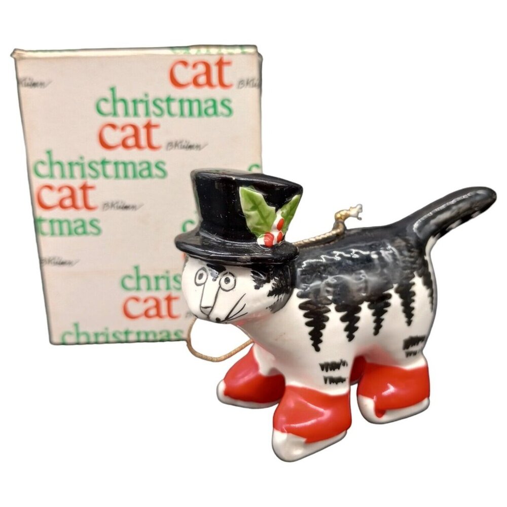 Vtg Christmas Cat Ornament Ceramic Black White Red Boots Top Hat Holiday Kliban